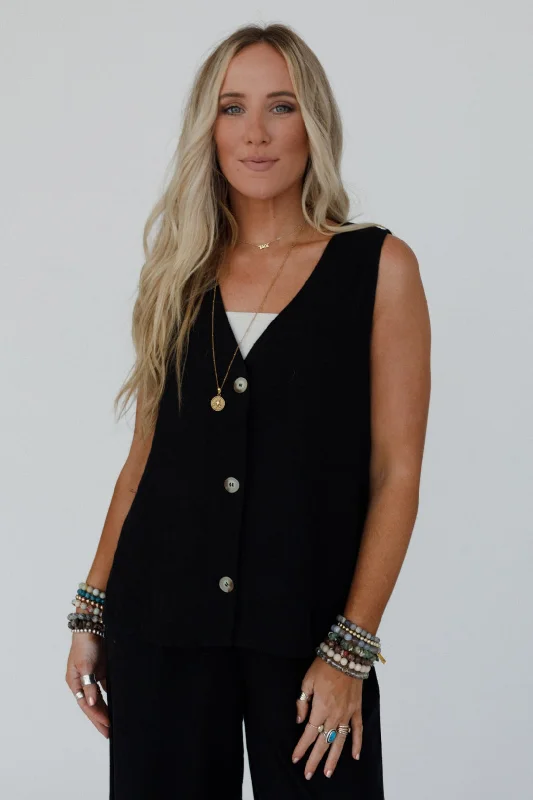 Salt Air Button Vest - Black Polished Women's Silk
