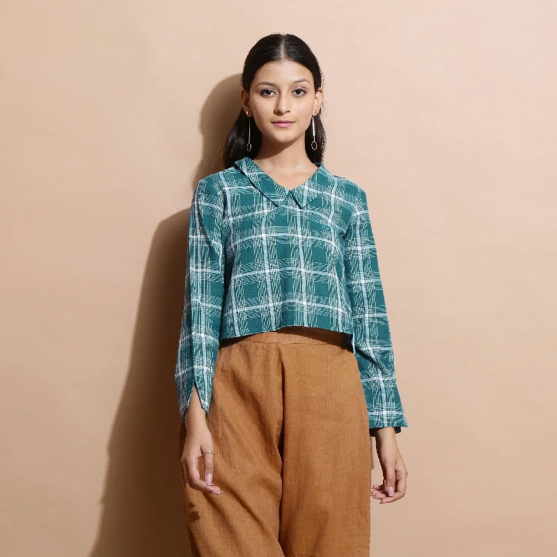 Bottle Green Checks Cotton Chelsea Collar Short Top Athletic Women's 