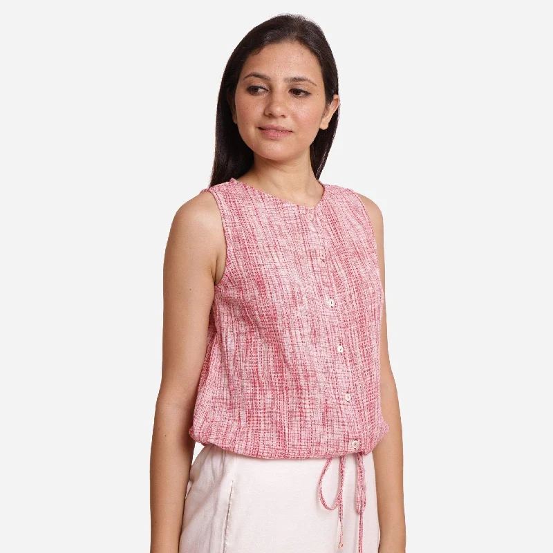 Red Stripes Crinkled Cotton Button-Down Balloon Top Stylish Women's Neon