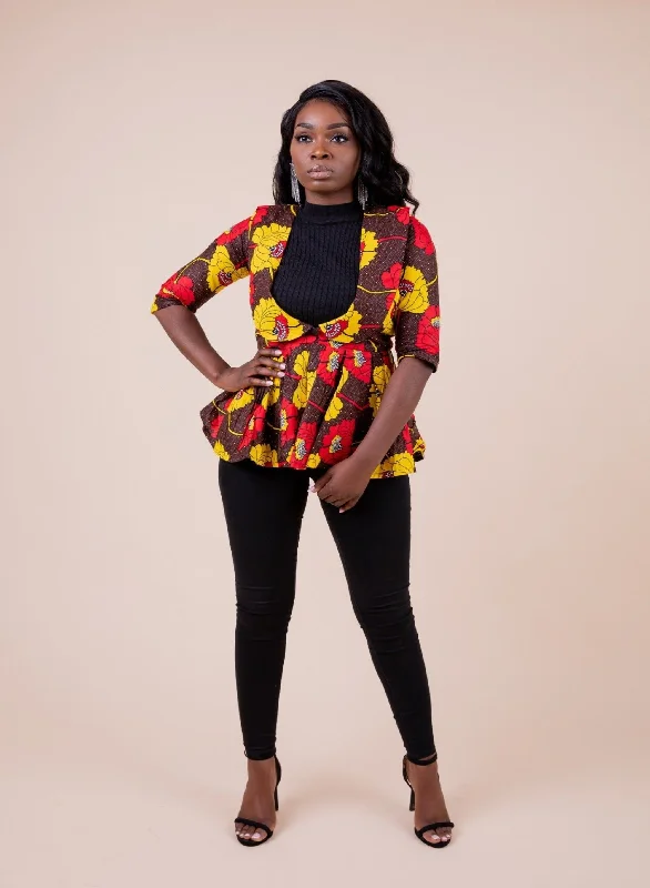 Mariah Ankara Peplum Jacket | Yellow Brown and Red African Print Athletic Women's 