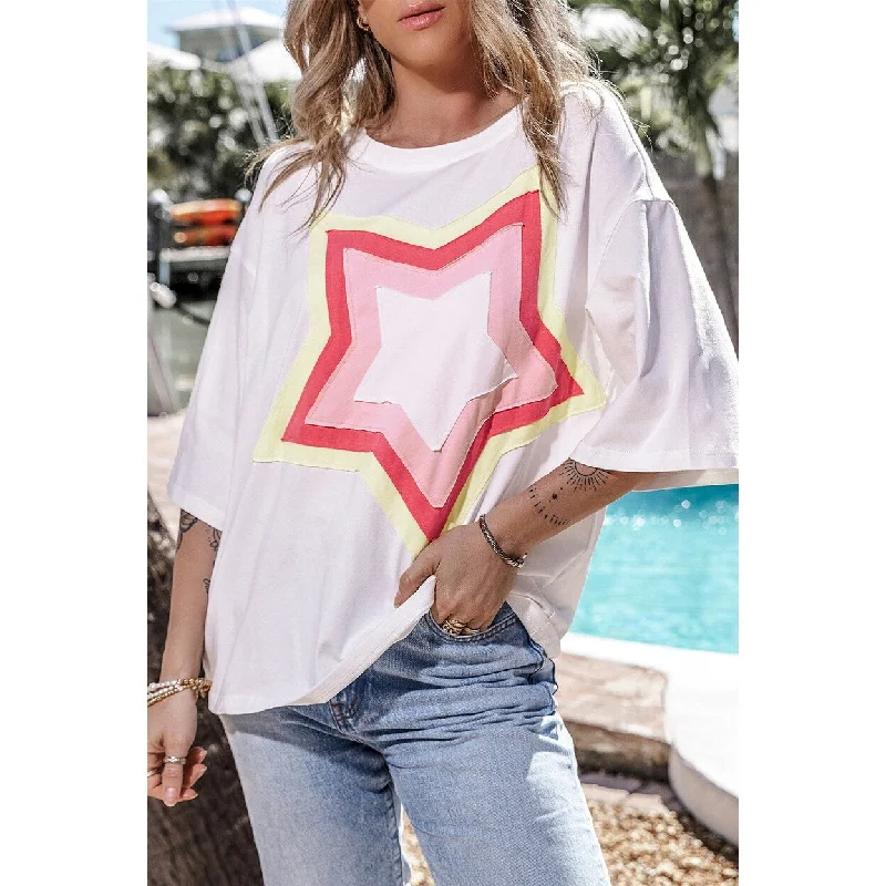 Halle Star Patched Half Sleeve Oversized Tee Preppy Women's College