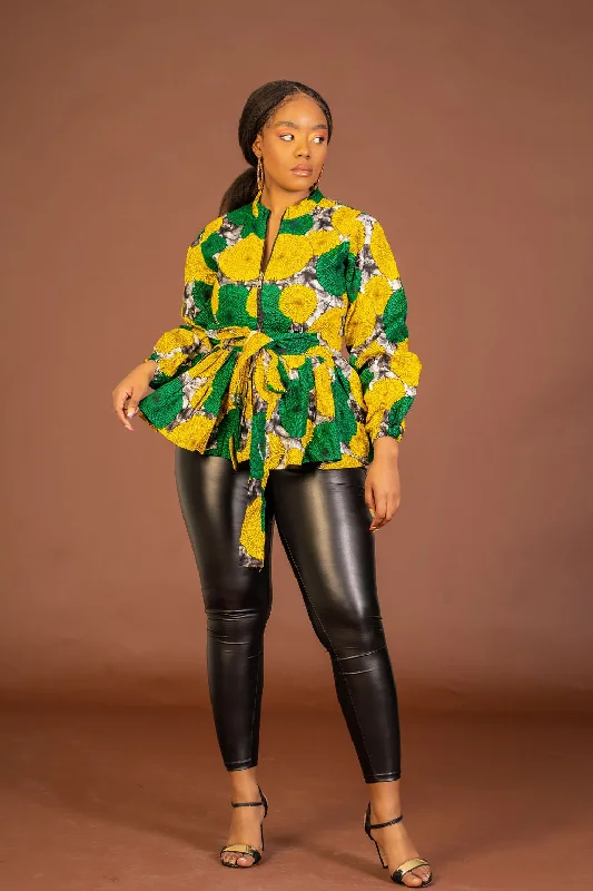 Mirabel Ankara Peplum Top | Green and Yellow African Print Sharp Women's Italian