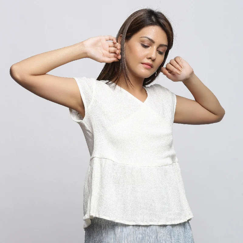 Off-White Crinkled Cotton V-Neck Wrap Top Practical Women's Multi - 