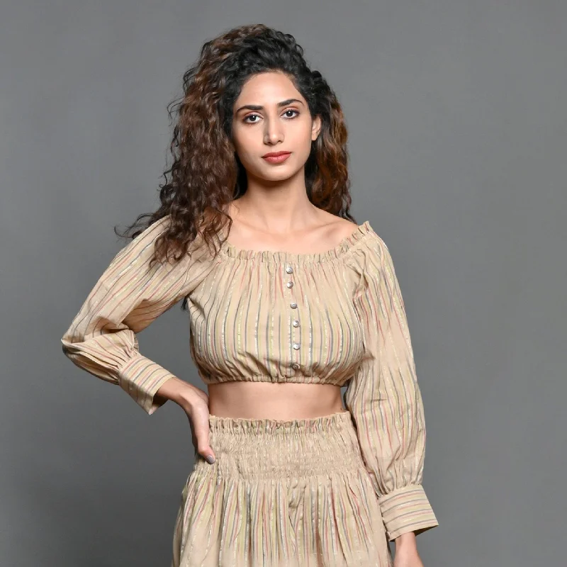 Beige Handwoven Cotton Frilled Blouson Crop Top Compression