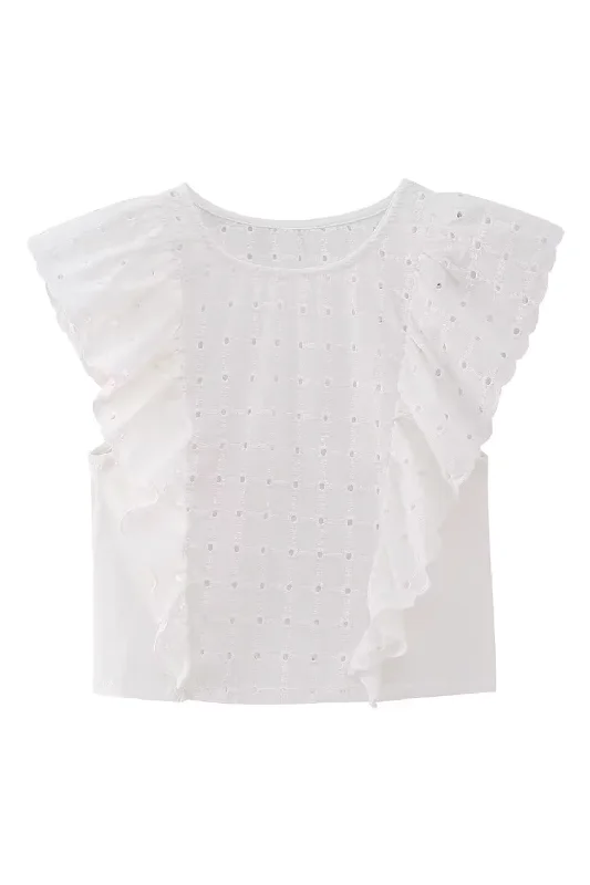 'Kristina' Round-Neck Ruffle Embroidery Top Cozy Women's Sherpa - lined