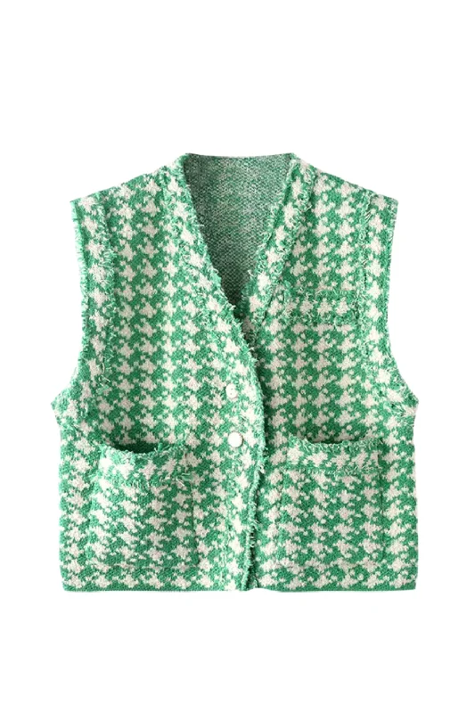 'Jayla' V-Neck Houndstooth Knitted Sleeveless Cardigan garde