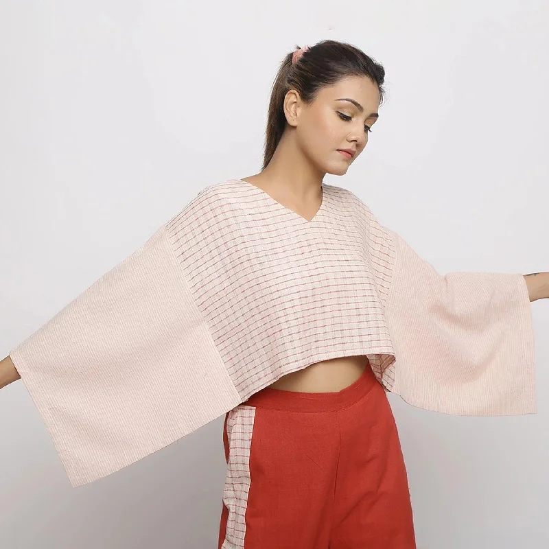 Beige and Pink Vegetable Dyed Handspun Cotton V-Neck Crop Top Dynamic Women's High - energy