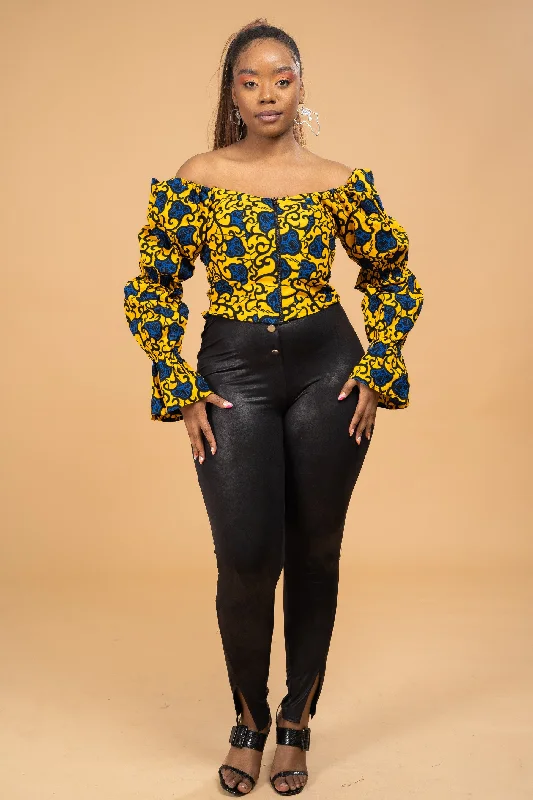 Millie Ankara Crop Top | Yellow and Blue African Print Cozy Women's Sherpa - lined