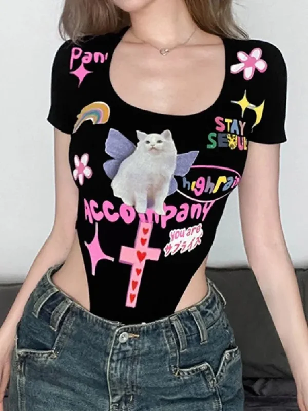 Y2k Kitten Bodysuit Casual Women's Japanese 