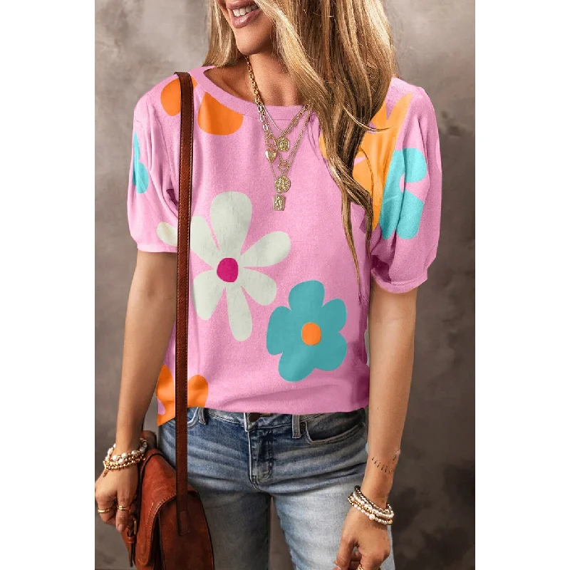 Macy Flower Print Bubble Sleeve Tee Sustainable Organic