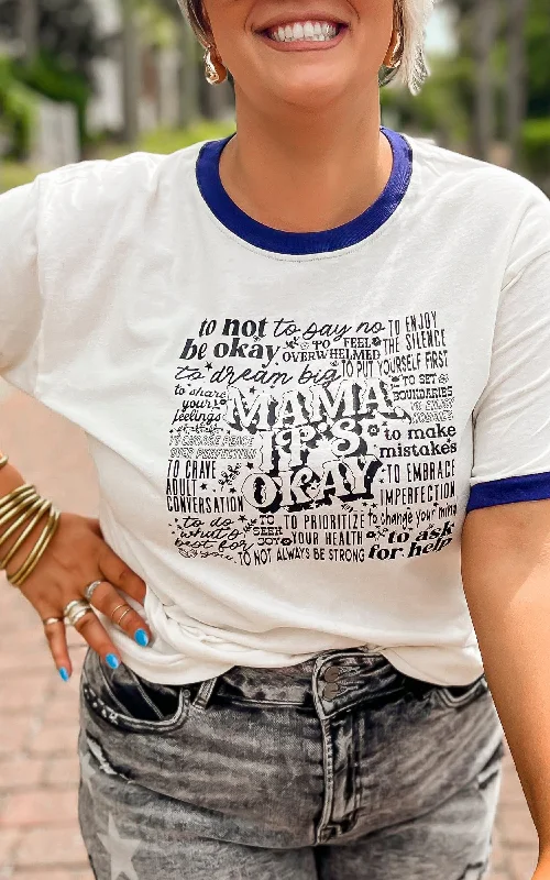 White ITS OKAY MAMA Ringer Graphic T-shirt Unique Women's Upcycled Unique Women's Upcycled