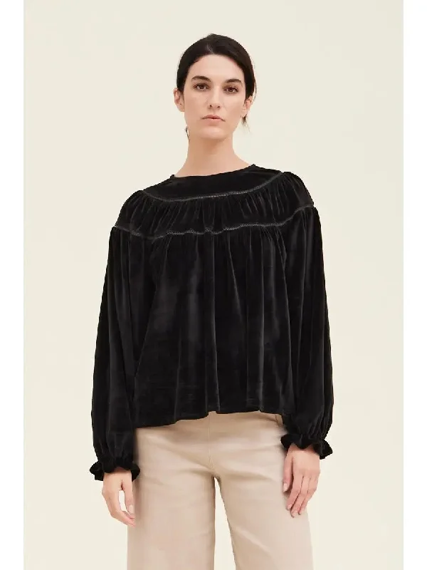 Lace Trim Mixed Velvet Shirt - Black Modern Women's Tech