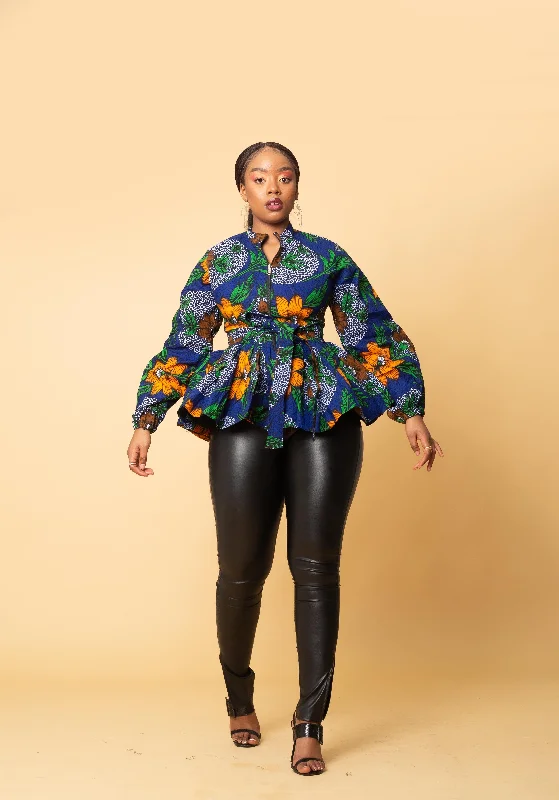 Martha Ankara Peplum Top | Blue and Yellow African Print Sporty Women's Athleisure 