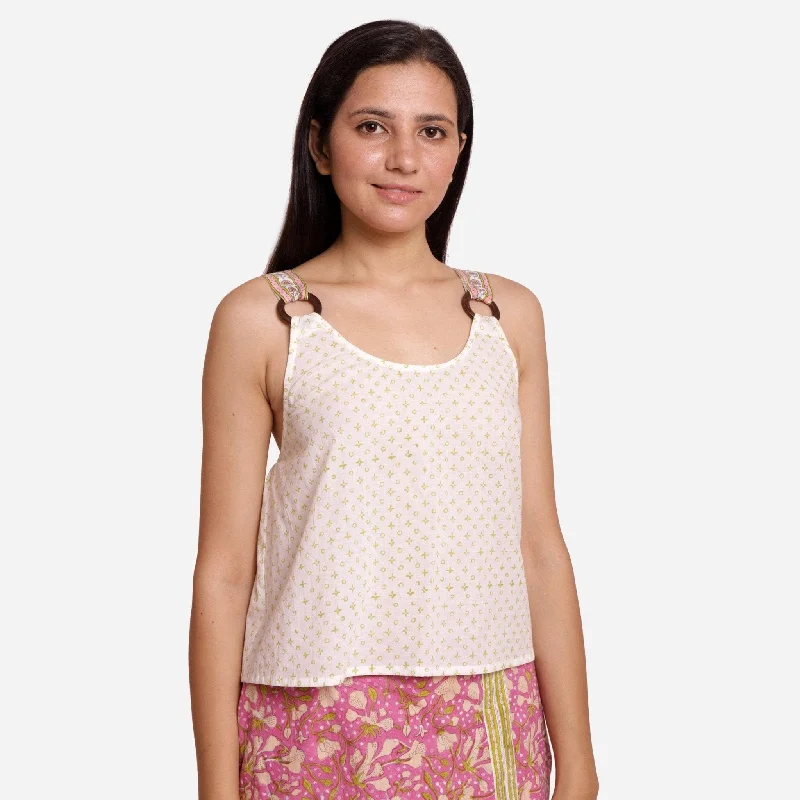 White Sanganeri Block Print Cotton Crop Top Preppy Women's College
