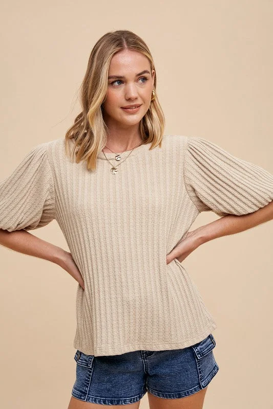 Annie Wear Textured Puff Sleeve Top in Oatmeal Australian Beach