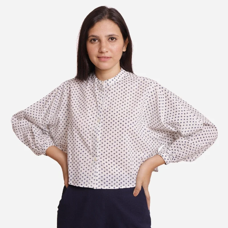 White Geometric Block Print Batwing Sleeve Cotton Shirt Dynamic Women's High - energy