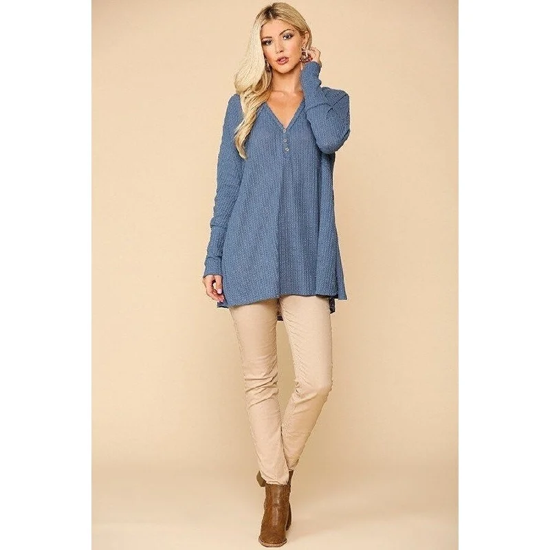 Waffle Knit And Woven Print Mixed Hi Low Flowy Tunic Top Sophisticated Women's 