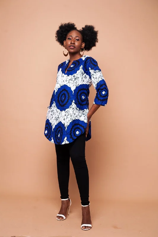 Ekuwa Ankara Long Tunic Top | Blue and White African Print Confident Women's Power