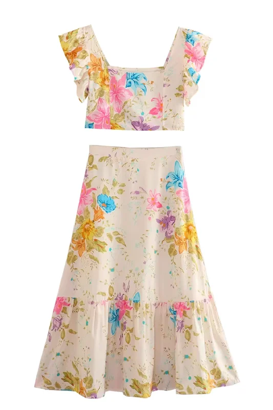 'Rylie' Floral Sleeveless Top & High-Waist Skirt Set Earthy Women's Hemp - based