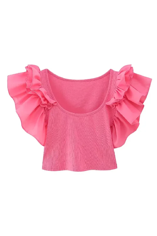 'Oaklyn' Ruffled Sleeves Round-Neck Knitted Top Earthy Women's Hemp - based