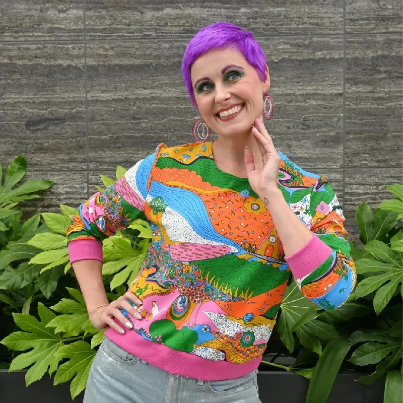 Landscape Pullover - Rainbow With Fuchsia Cuffs Sophisticated Women's Tailored