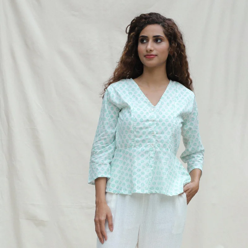 Green Floral Block Printed Cotton Button-Down Peplum Top Sporty Women's Tennis