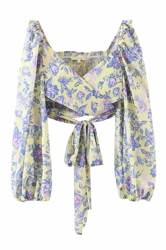 'Jacqueline' Floral Long-Sleeve Tie Crop Top Artistic Women's Hand - painted