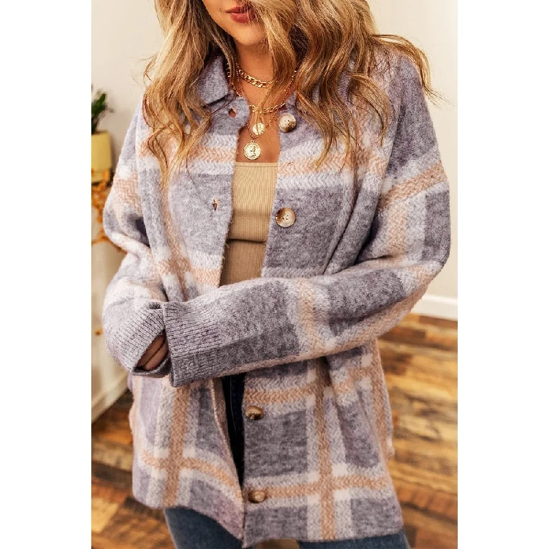 Ana Fuzzy Plaid Collared Button Up Cardigan Classic Women's Tweed Classic Women's Tweed