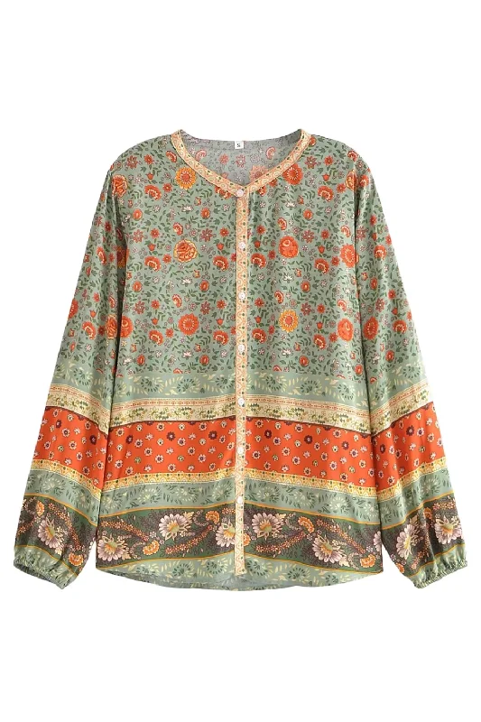 'Naomi' Round-Neck Full Button Floral Top (2 Colors) Hip Women's Retro