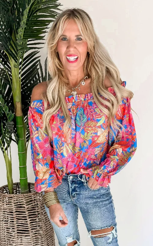 It's Paradise Off the Shoulder Printed Blouse Top - Final Sale Monochromatic Office Style Monochromatic Office Style