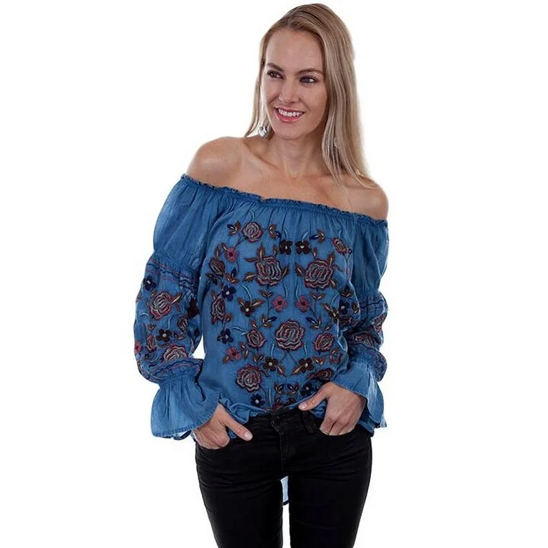 Scully Western Shirt Womens L/S Peasant Floral Ruffled Cuffs F0_HC422 Monochromatic Office Style Monochromatic Office Style