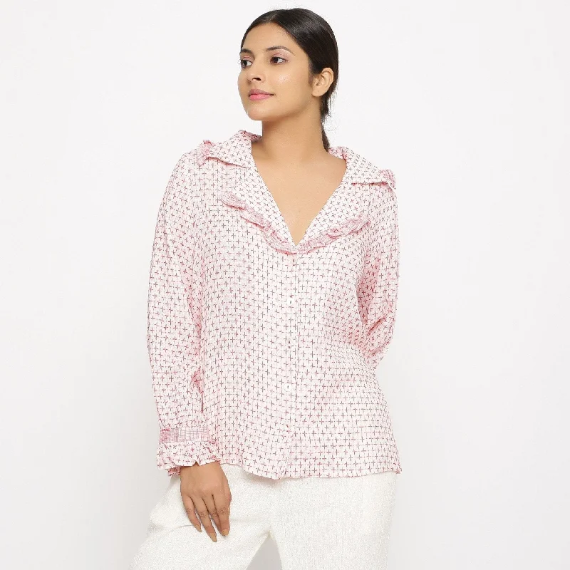White Crinkled Cotton Notched Frill Collar Shirt Bohemian Women's Free
