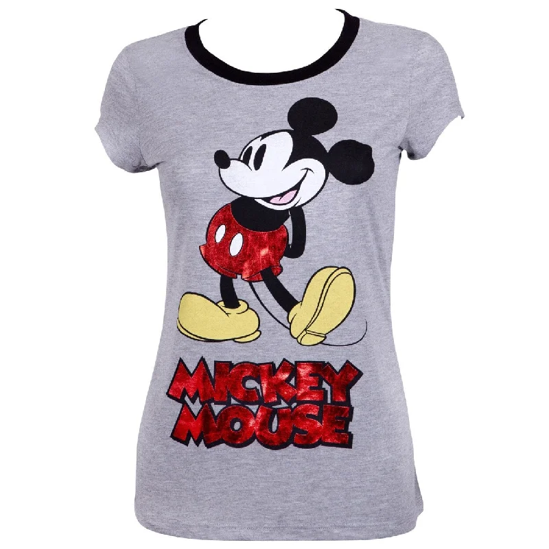 Mickey Mouse Ladies Red Foil Logo Grey Tee Shirt Disco