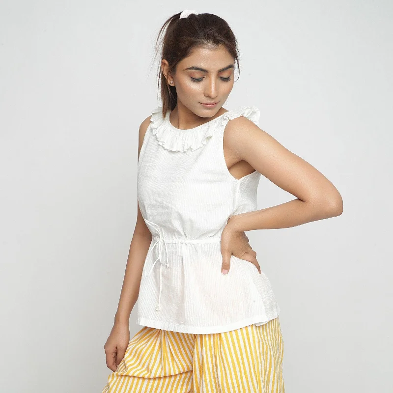 Off-White Ruffled 100% Cotton Sleeveless Peplum Top Trendy Women's Oversized