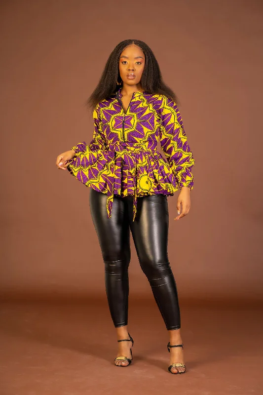 Minas Ankara Peplum Top | Purple and Yellow African Print Sophisticated Women's 