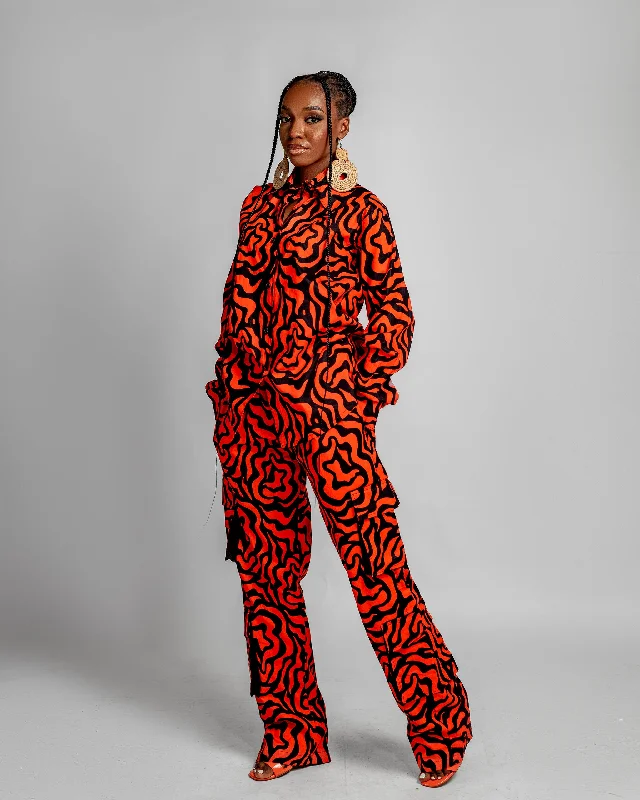 Julie Long Sleeve Shirt | Orange African Print Polished Women's Silk