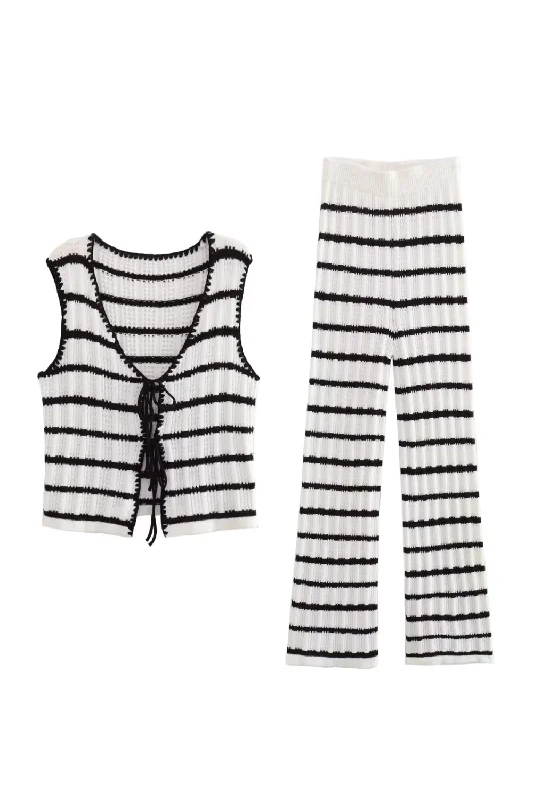 'Barbara' Striped Crochet Sleeveless Top & Straight Trouser Classic Women's Tweed