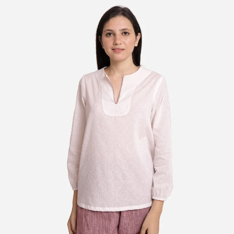 White Hand-Embroidered Cotton Split Neck Tunic Top Trendy Women's 