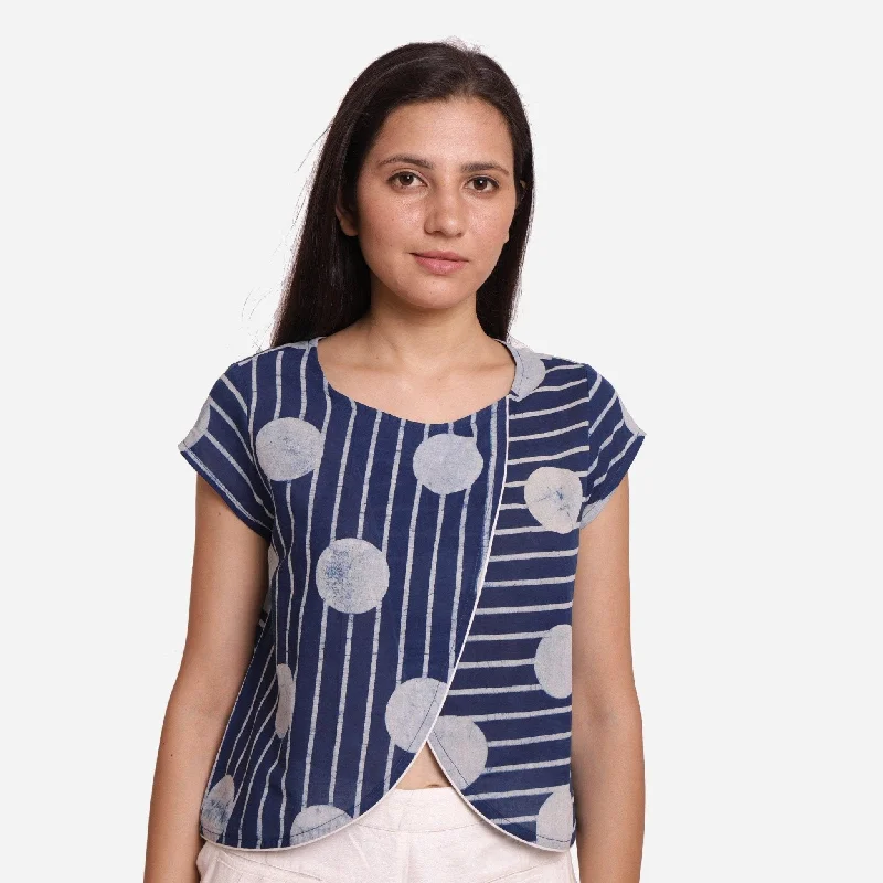 Polka Dot Block Print Indigo Cotton Crop Top Sleek Women's 