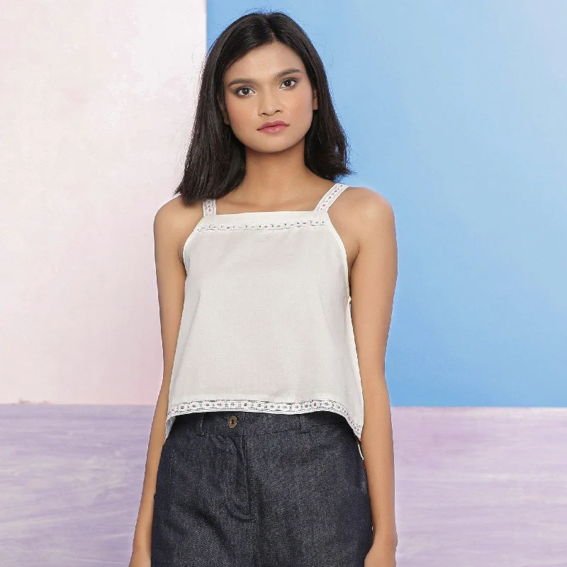 White Organic Cotton Hand Beaded Camisole Top Polished Women's Silk