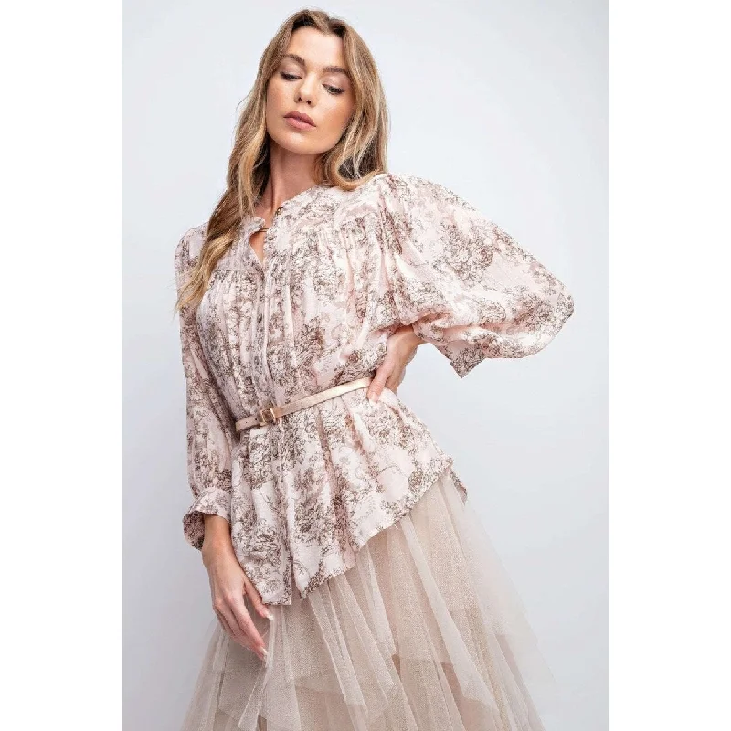 3/4 Sleeves Crepe Button Down Printed Top Dynamic Women's Moto