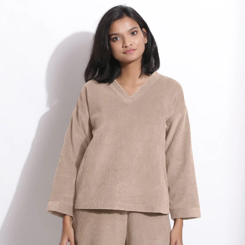 Taupe Beige Warm Cotton Corduroy V-Neck Top Athletic Women's High - 