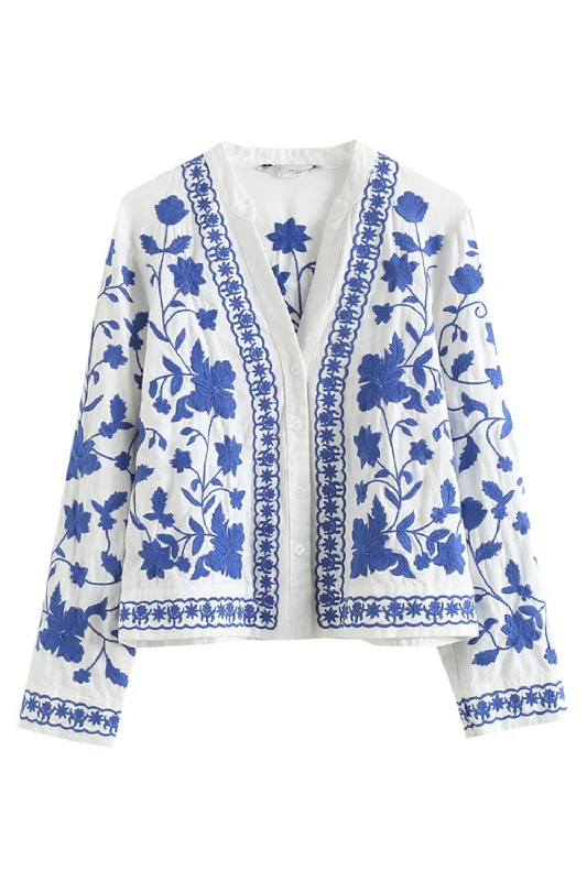 'Brenda' Floral Embroidery V-Neck Shirt Earthy Women's 