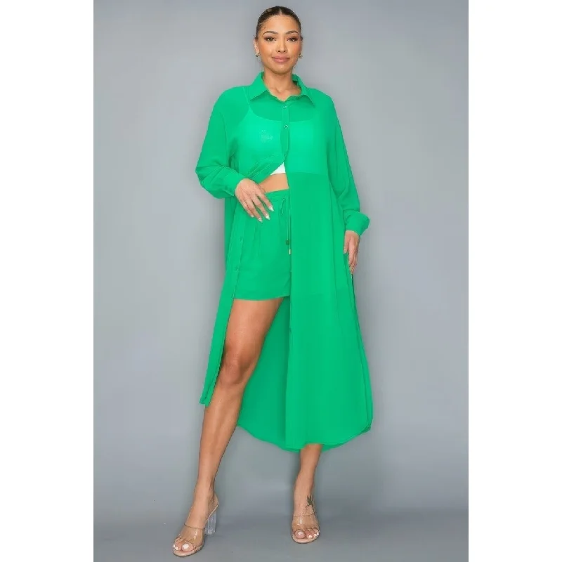 Chiffon Button Down Long Sleeve Side Slit Long Top With Short Set Dapper Women's 1920S