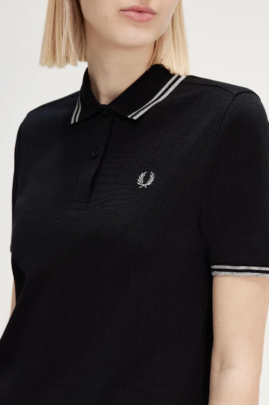 Fred Perry Polo Shirt Black // Metallic Silver Sophisticated Women's 