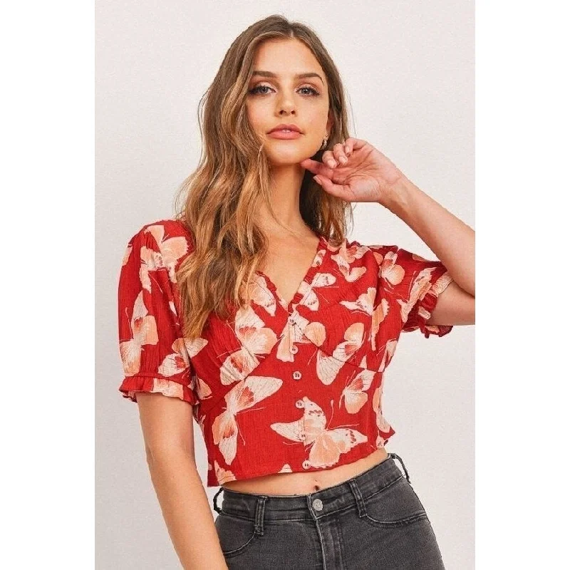 Butterfly Vneck Crop Smocked Back Waist Vintage Women's 1970S 